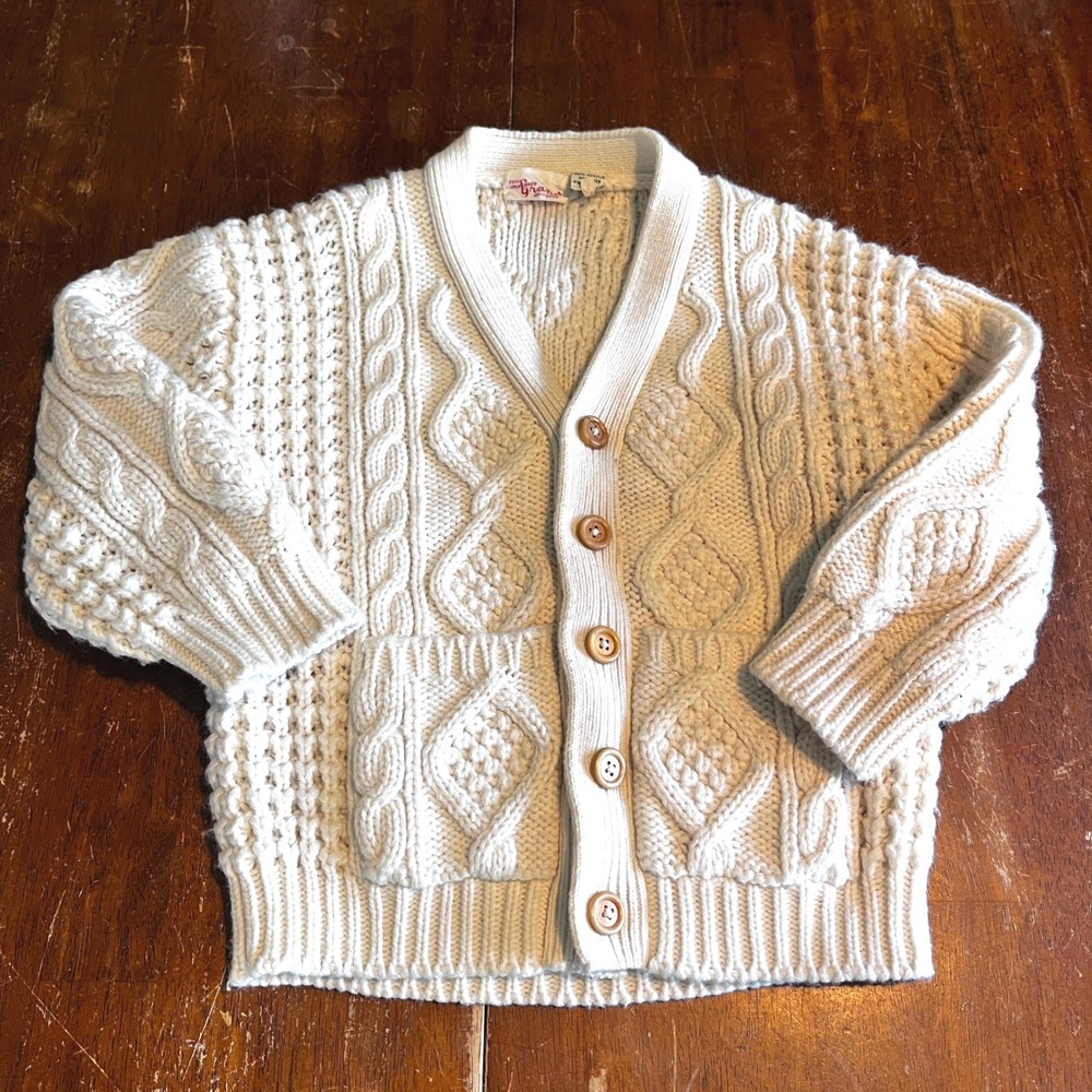 Vintage Kids Cream Cable Knit Button Front Cardigan Sweater Sz 6 Fisherman Earth